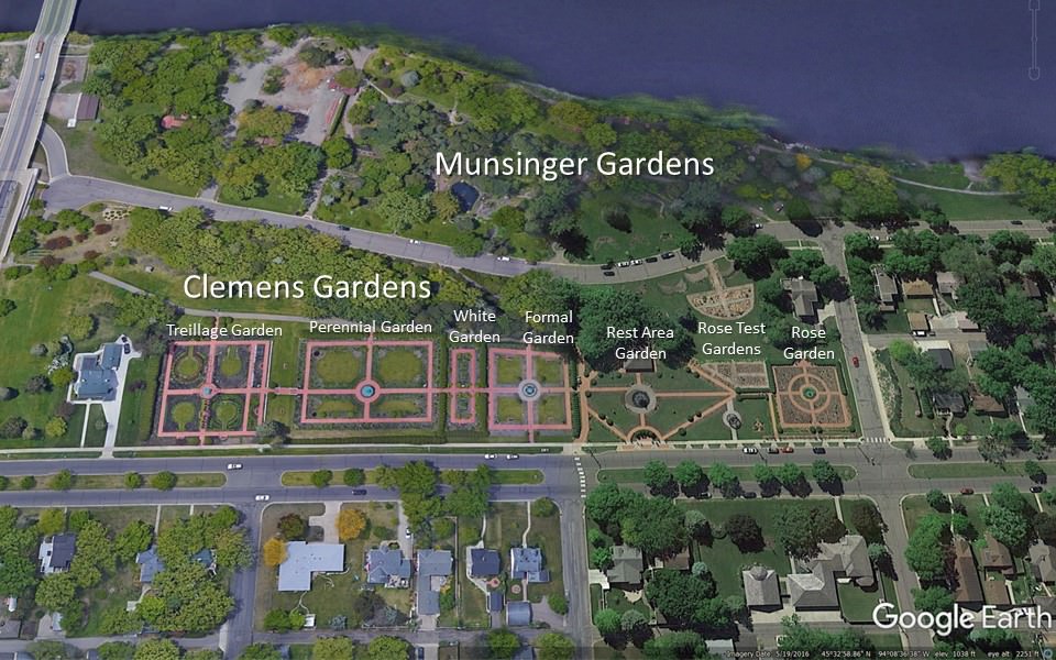 labeled Google Earth map showing location of formal gardens in St Cloud