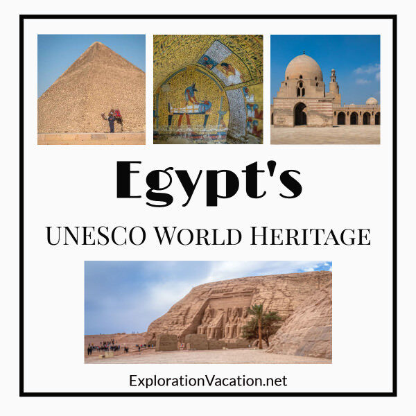 three photos of a pyramid, inside a tomb, and a mosque with text "Egypt's UNESCO World Heritage"
