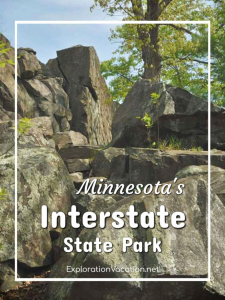 rock with stairs cut in and text " Minnesota's Interstate State Park"
