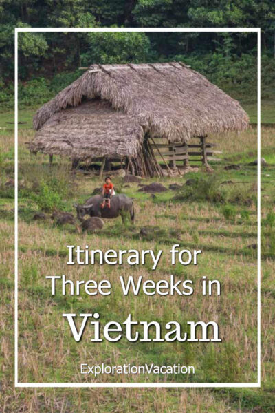 photo of a child on a water buffalo outside a thatched building with text "Itinerary for three weeks in Vietnam"