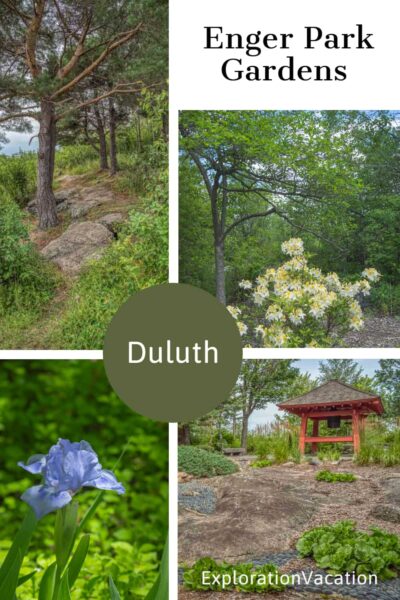 Multiple images of gardens and greenery with text: "Enger Park Gardens Duluth - ExplorationVacation.net"