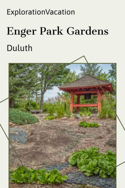 Japanese garden and bell with text: "Enger Park Gardens Duluth - ExplorationVacation.net"