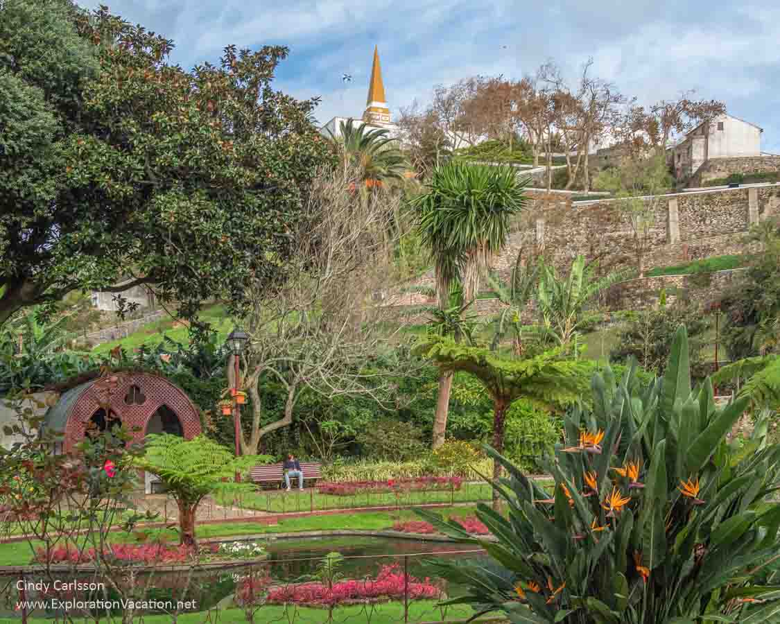man sitting on a bench in a garden with a pool and fountain with a monument and Portuguese flag on the hillside above
