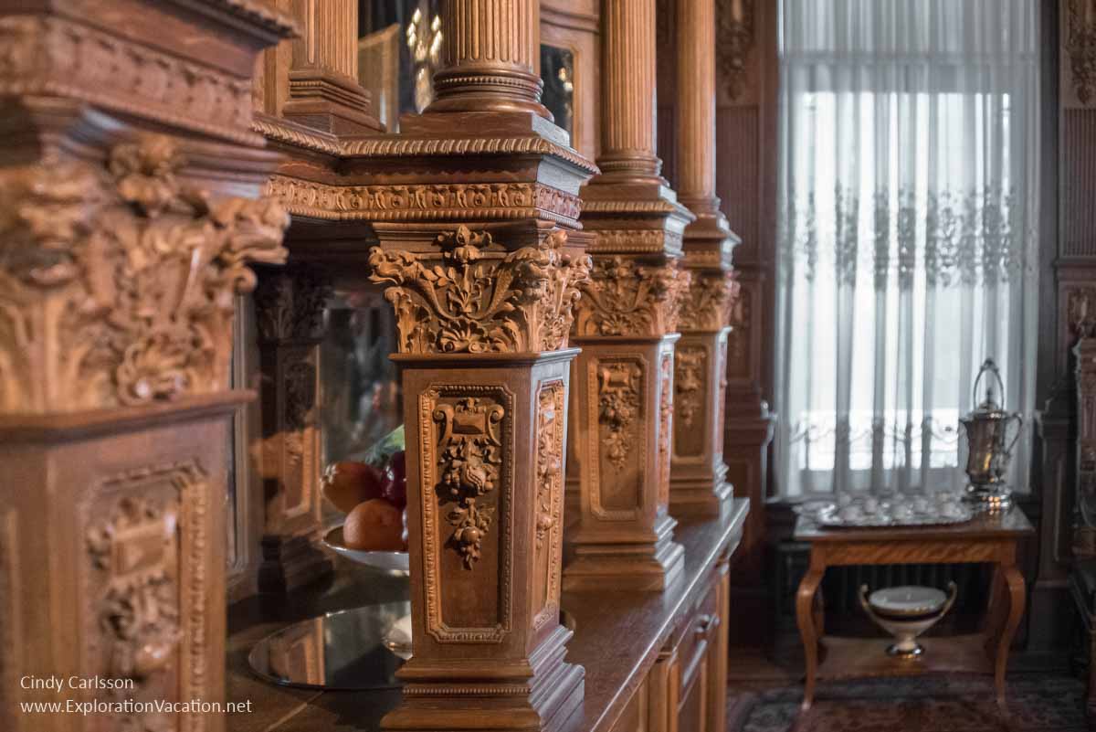 carved woodwork on a dining room buffet at the Swedish Institute