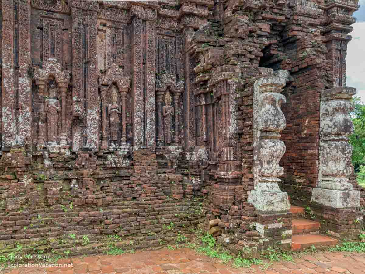 brick temple with goddesses carved in the brick