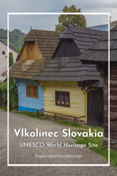 traditional wooden mountain house with text "Vlkolinec Slovakia UNESCO World Heritage site"