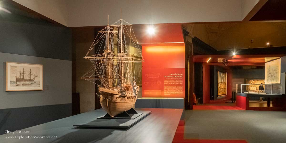 photo of a gallery with a model ship on display in the Archives of the Indies in Seville Spain &copy; Cindy Carlsson at ExplorationVacation