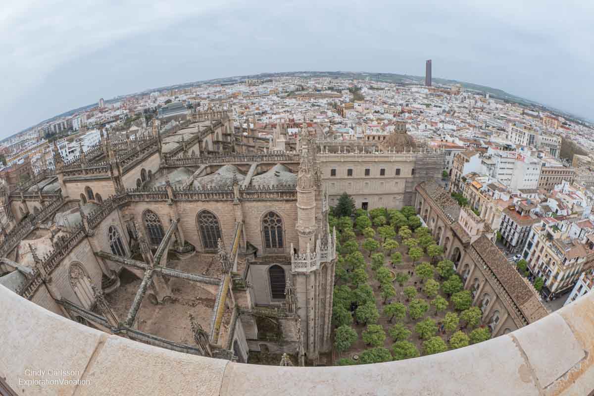 photo of partial fish-eye view of Seville from Giralda bell tower in Seville Spain - ExplorationVacation.net