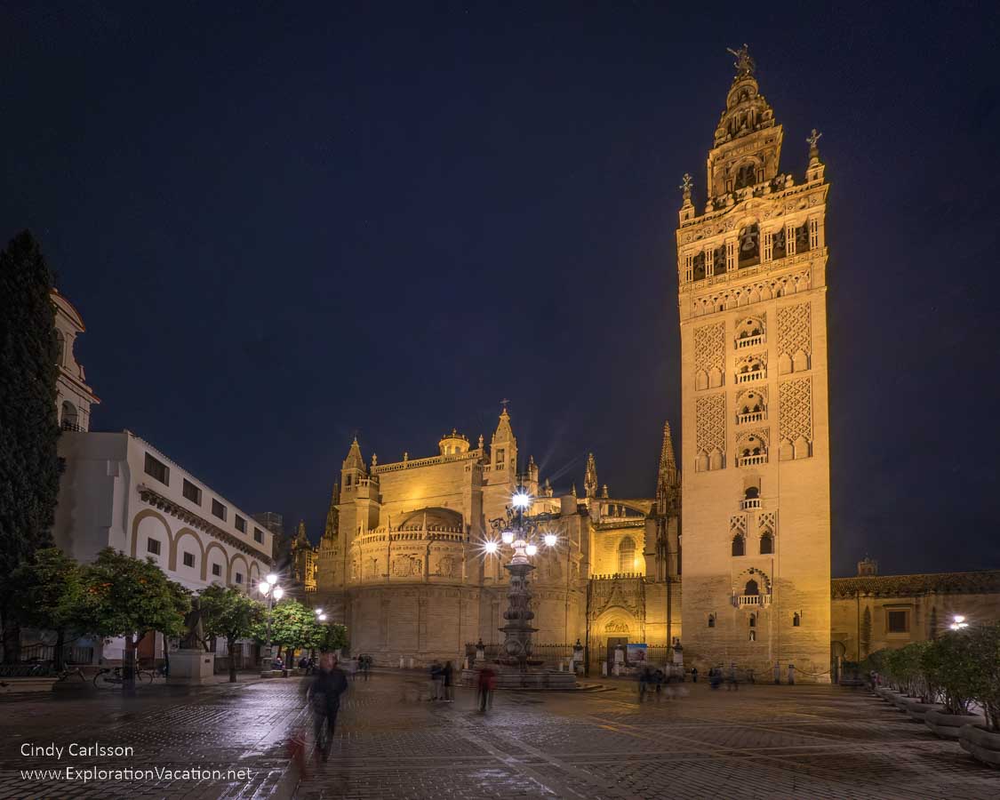 photo of the Giralda Tower and Seville Cathedral at night &copy; Cindy Carlsson at ExplorationVacation