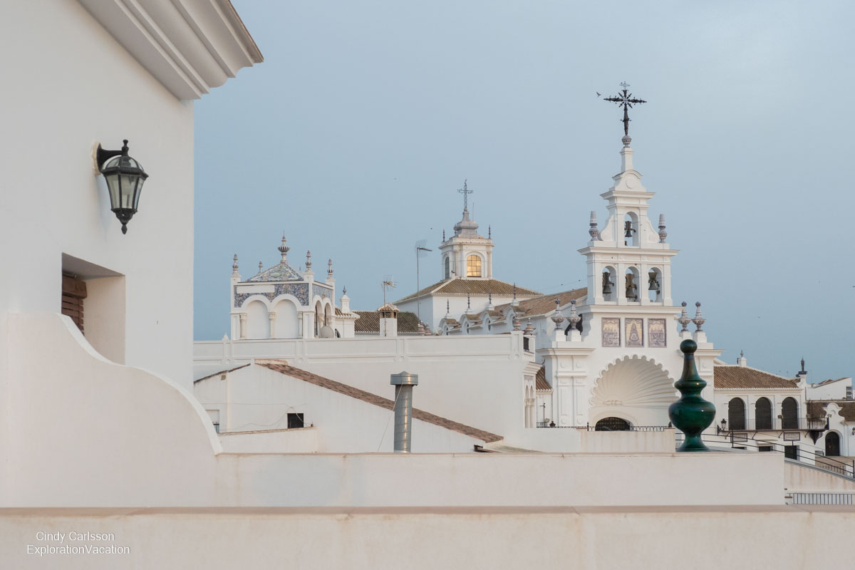 photo of church towers from a balcony in El Rocio Spain © Cindy Carlsson at ExplorationVacation.net