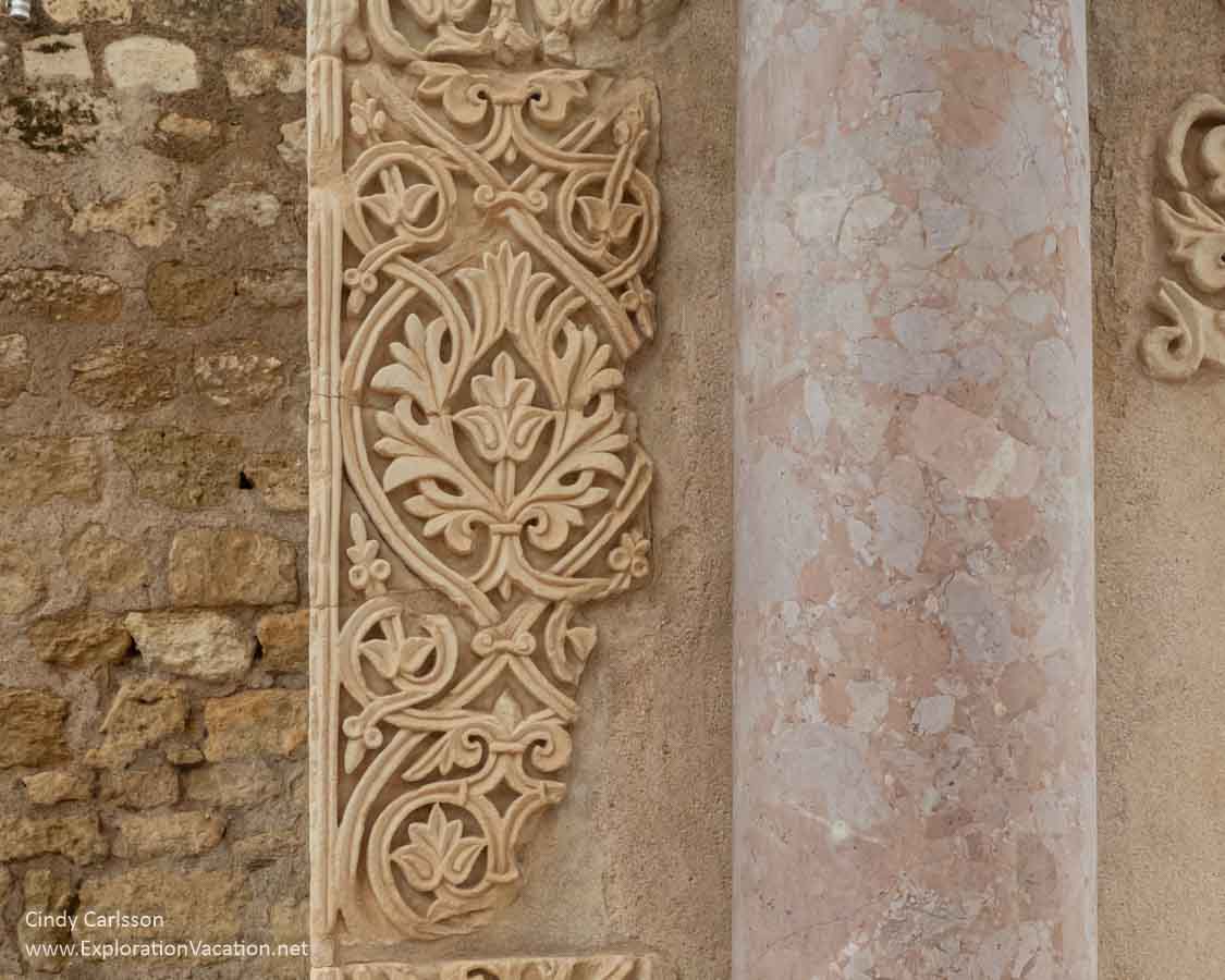 Photo of detailed carving amid the ruins of the Caliphate city of Medina Azahara (Madinat al-Zahra), a World Heritage Site near Cordoba. Spain. (Photo © Cindy Carlsson - ExplorationVacation.net)