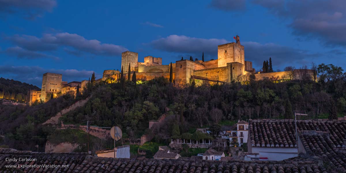photo of the Alhambra from Granada's Albaicín neighborhood after sunset