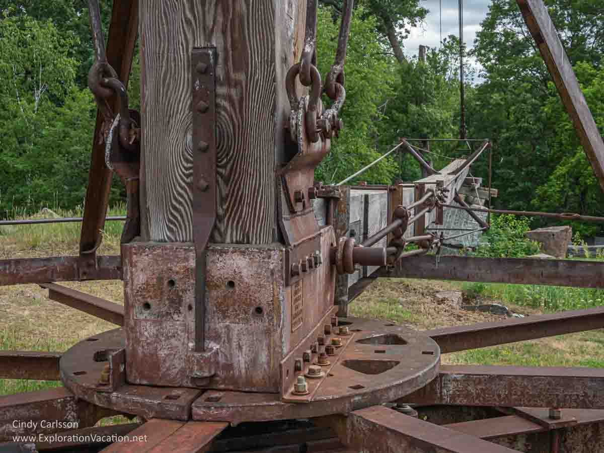 Photo of connection that allowed a wood derrick to turn. Part of the display at Quarry Park and Nature Preserve near St Cloud Minnesota. Text and photos © Cindy Carlsson ExplorationVacation.net