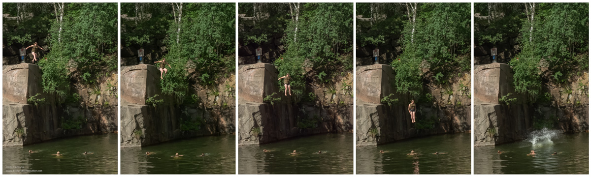 Strip of photos showing a woman jumping into the water from a cliff into a pool in Quarry Park near St Cloud Minnesota. Text and photos © Cindy Carlsson ExplorationVacation.net