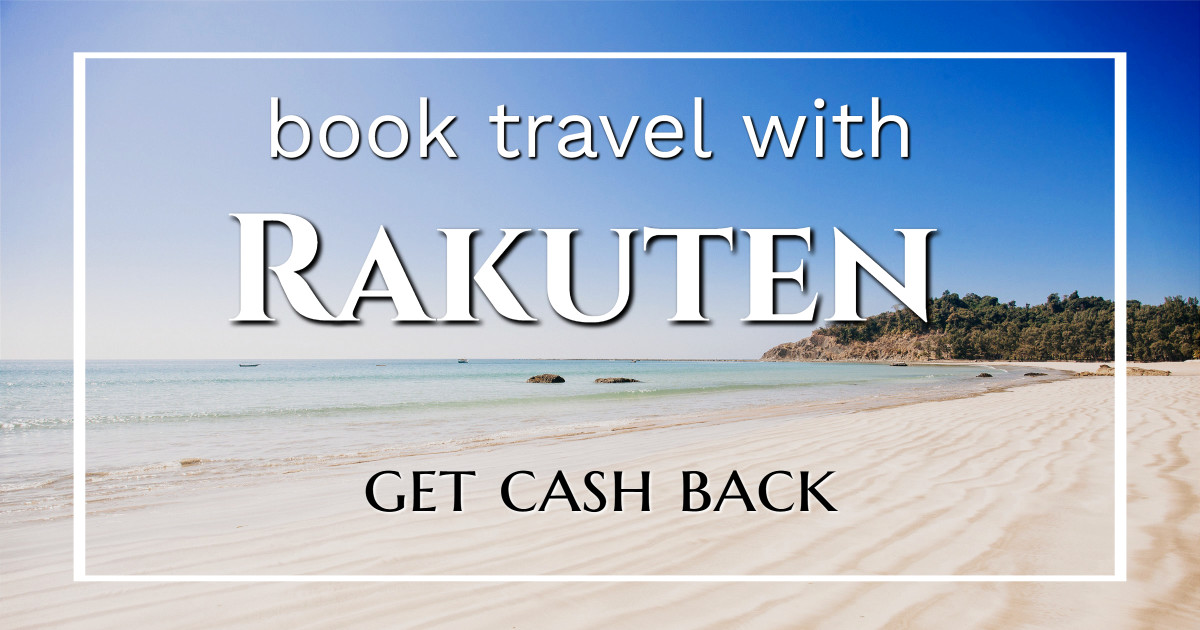 photo of a beach with text "Book travel with Rakuten - get cash back"