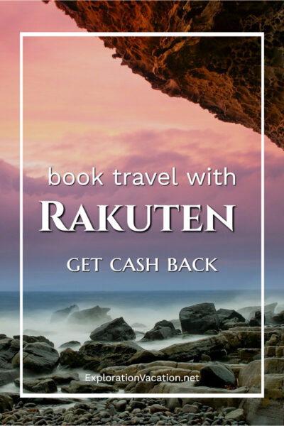 photo of a rocky beach with text "Book travel with Rakuten - get cash back"