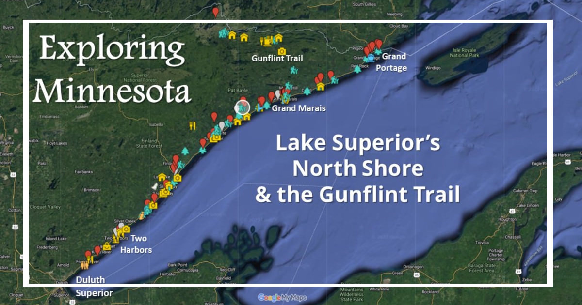 map of Lake Superior's North Shore and Gunflint Trail with text "Exploring Minnesota: Lake Superior's North Shore & the Gunflint Trail - ExplorationVacation.net