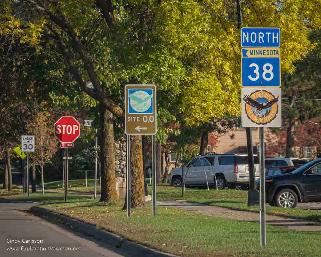 Road signs at the start of the Edge of the Wilderness Scenic Byway in Grand Rapids, Minnesota.