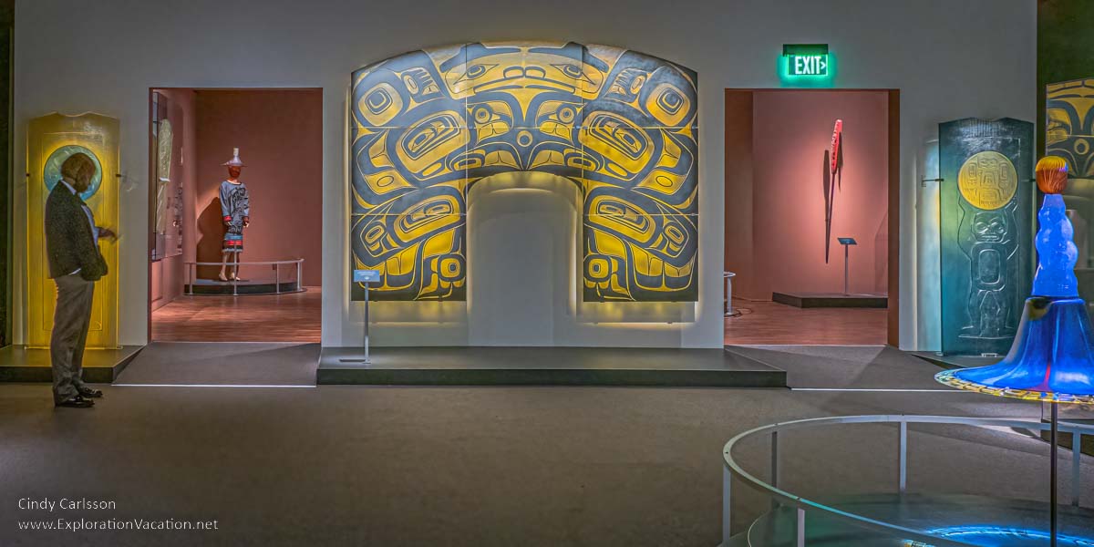 photo of Naa Kahídi (Clan House) entrance made of glass by Tlingit American artist Preston Singletary for "Raven and the Box of Daylight" at the National Museum of the American Indian Washington DC © Cindy Carlsson at ExplorationVacation.net