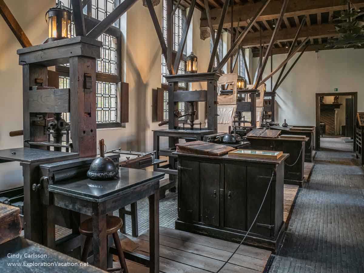 photo of a historic print shop at the Plantin-Moretus House-Workshops-Museum UNESCO World Heritage Site in Antwerp, Belgium &copy; Cindy Carlsson ExplorationVacation.net