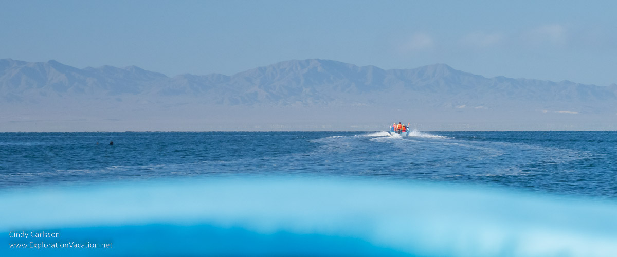 A small boat on a lagoon with hazy mountains in the background.