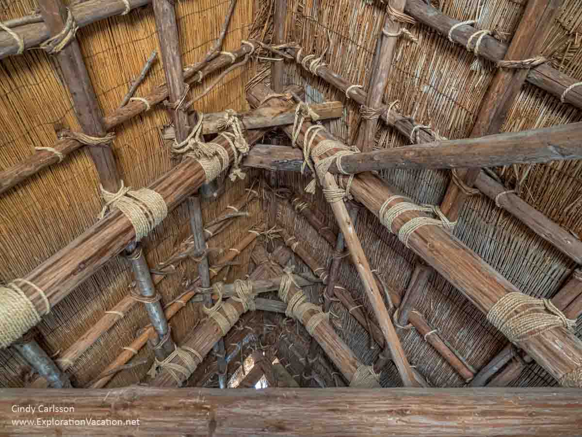 Photo of the beams lashed together with rope below the thatch on the upper level of a Gassho-zukuri house in Shirakawa-go Japan &copy; Cindy Carlsson at ExplorationVacation.net.