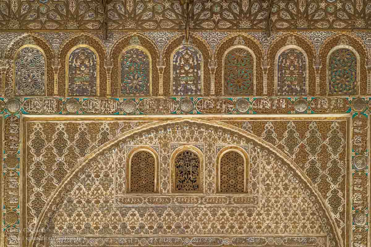 photo of elaborate Moorish architectural details in the Ambassadors hall at the Royal Alcazar in Seville Spain &copy; Cindy Carlsson at ExplorationVacation.net