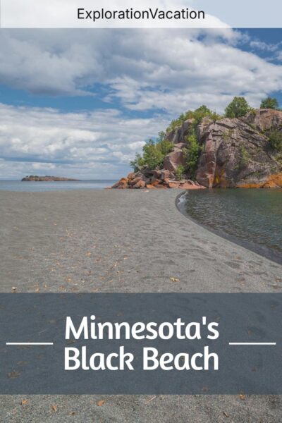 A black beach with rock cliffs and text: "Minnesota's Black Beach - ExplorationVacation.net"