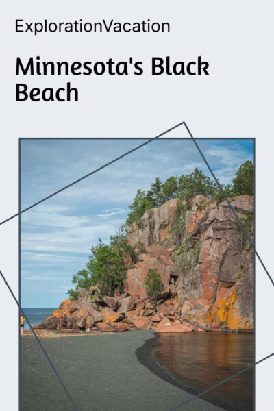 A black beach with rock cliffss and text"Minnesota's Black Beach - ExplorationVacation.net"