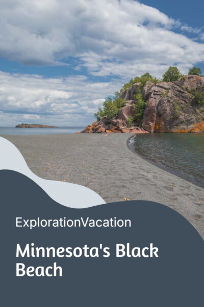 A black beach with rock cliffs and text: "Minnesota's Black Beach - ExplorationVacation.net"