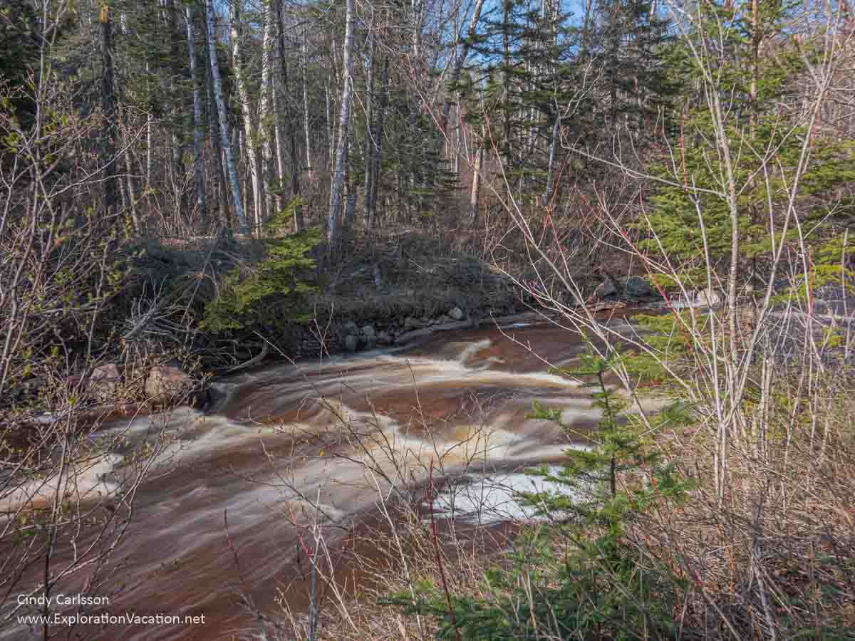 Long-exposure photo of a river as seen through brush along the banks at the Caribou Falls State Wayside.