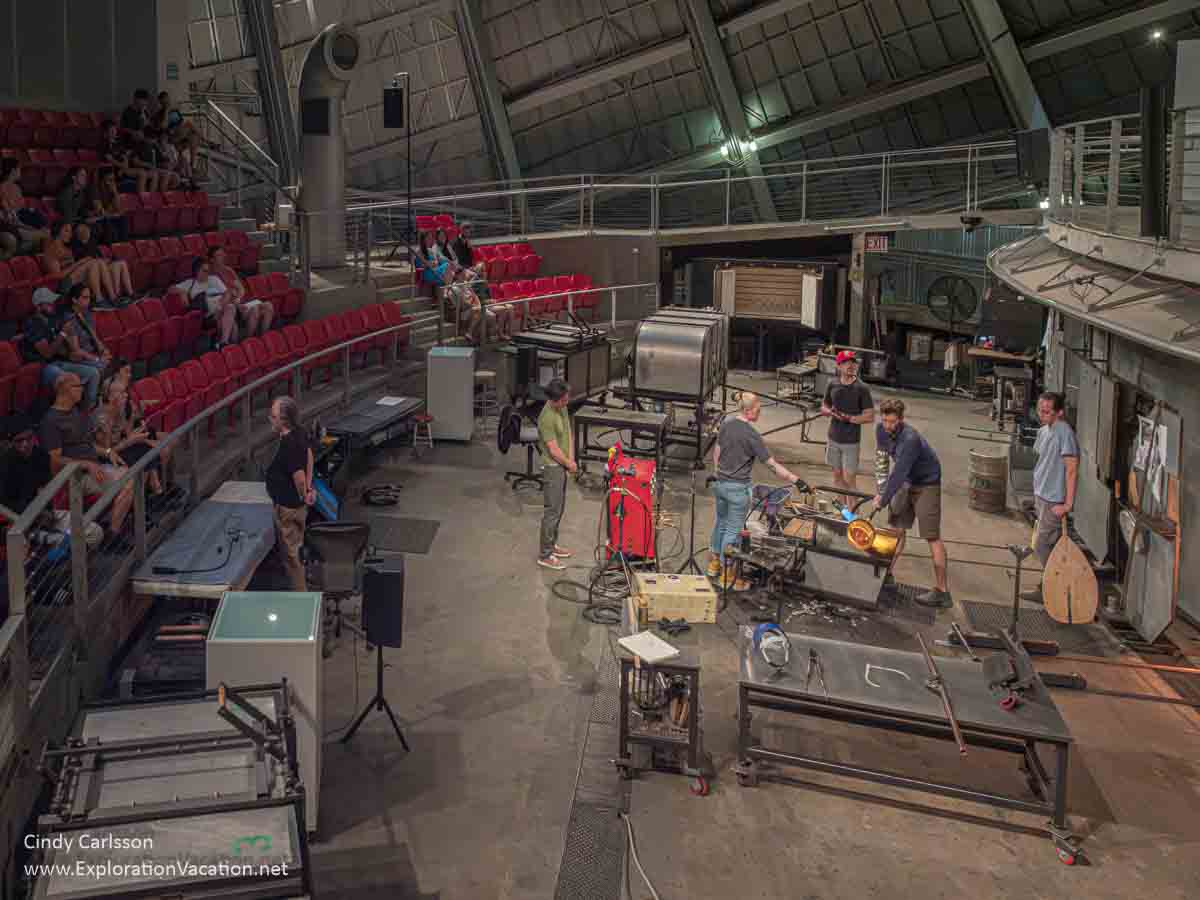 Photo of the Hot Shop (the glass studio) amphitheater located inside the distinctive cone that rises above the Museum of Glass in Tacoma, Washington &copy; Cindy Carlsson at ExplorationVacation.net