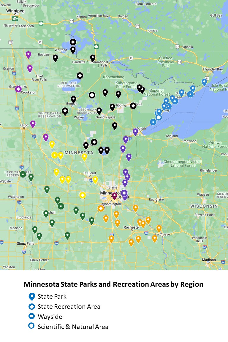 map of state of Minnesota showing the location of state parks, recreation areas, waysides, and a few scientific and natural areas © Cindy Carlsson at ExplorationVacation.net