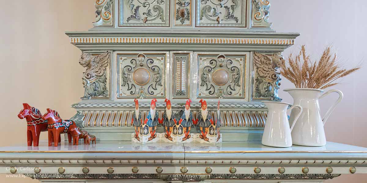 Dahla horses and gnomes on a fireplace at the American Swedish Institute (ASI) 2021.