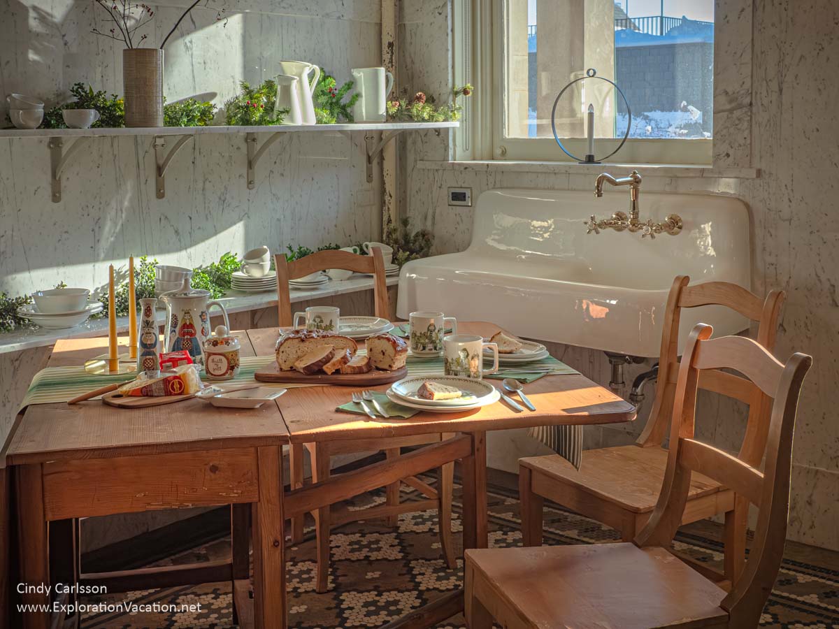 Photo of a casual Christmas coffee break table in the historic kitchen at the American Swedish Institute (ASI) in Minneapolis, Minnesota in 2022 &copy; Cindy Carlsson at ExplorationVacation.net