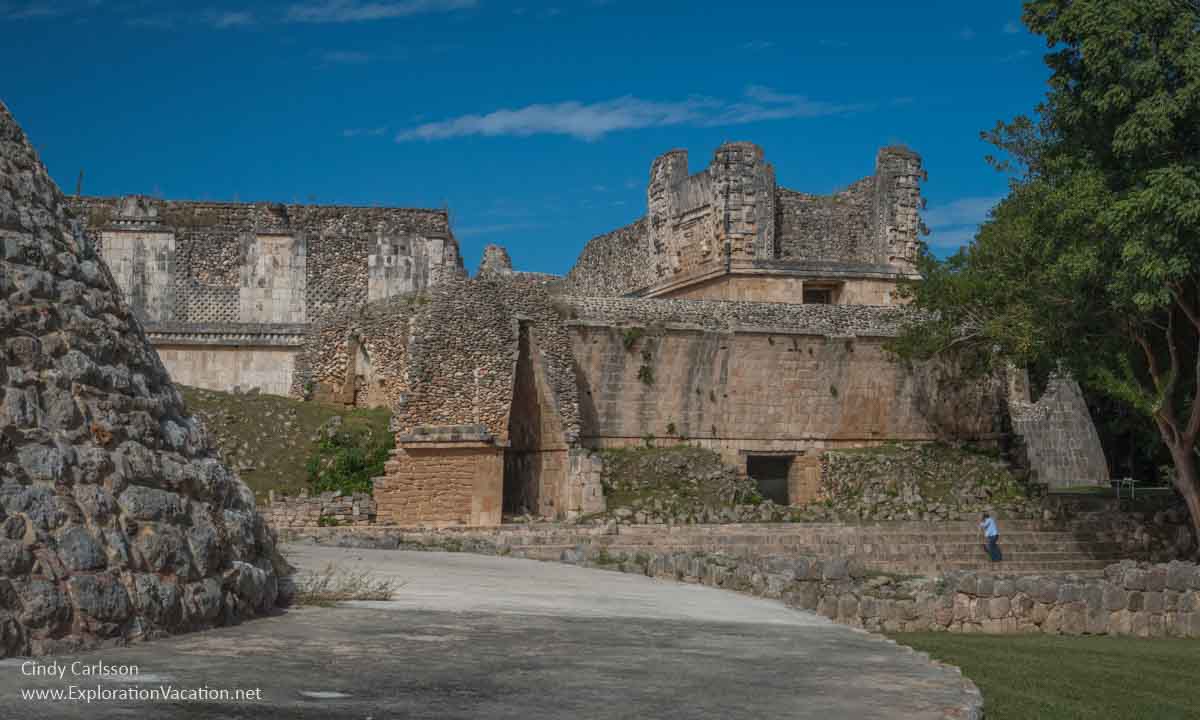photo of a woman outside a Mayan ruin at Mexico's Uxmal World Heritage Site &copy; Cindy Carlsson at ExplorationVacation.net