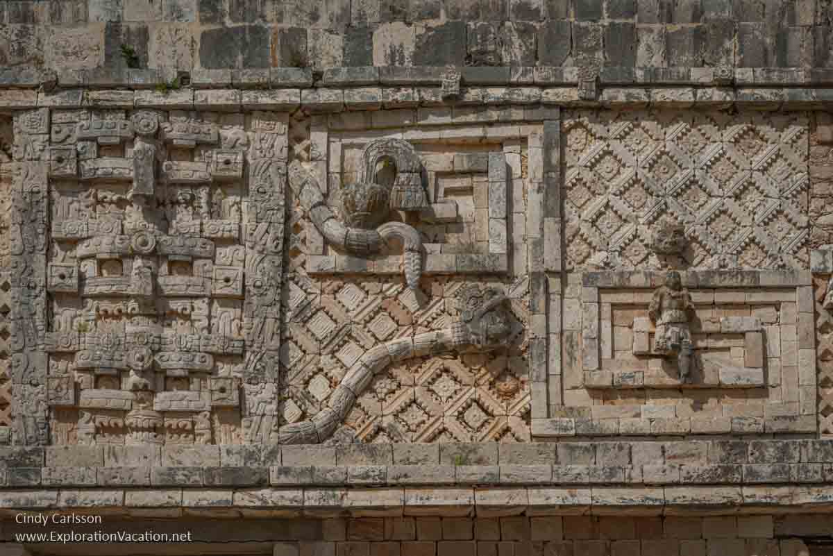 photo of a portion of a highly decorated wall at Uxmal, Mexico, part of the Pre-Hispanic Town of Uxmal World Heritage Site &copy; Cindy Carlsson at ExplorationVacation.net