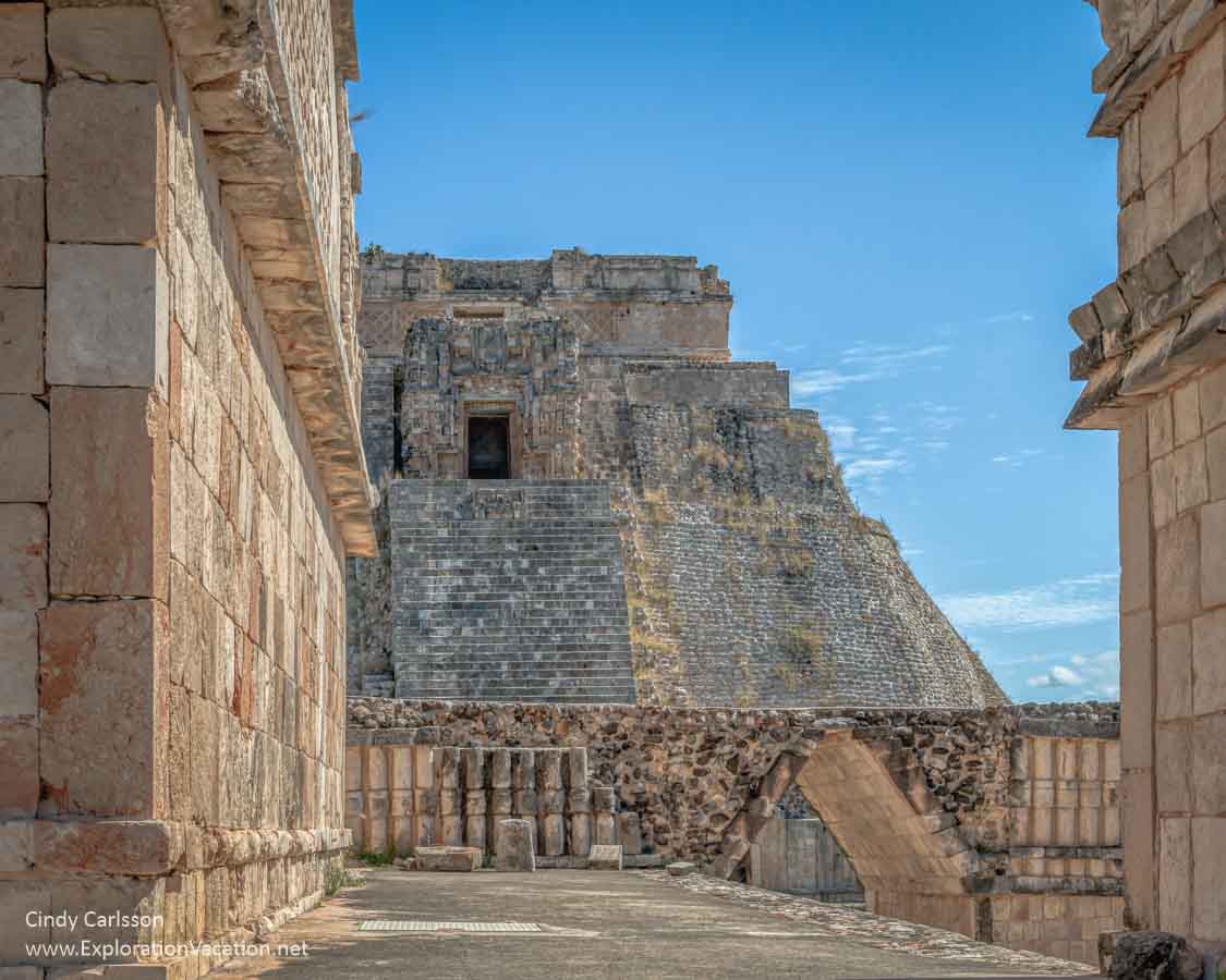 photo of a temple ruin at Uxmal from inside the complex. Part of the Uxmal World Heritage Site in the Mexican Yucatan &copy; Cindy Carlsson at ExplorationVacation.net