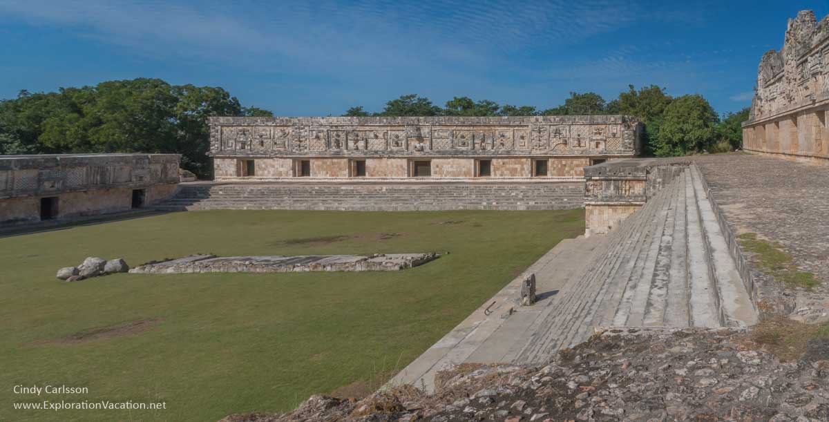 photo of a grassy area surrounded by Mayan buildings called the Quadrangle of the Nuns at Uxmal, part of the Pre-Hispanic Town of Uxmal World Heritage Site &copy; Cindy Carlsson at ExplorationVacation.net