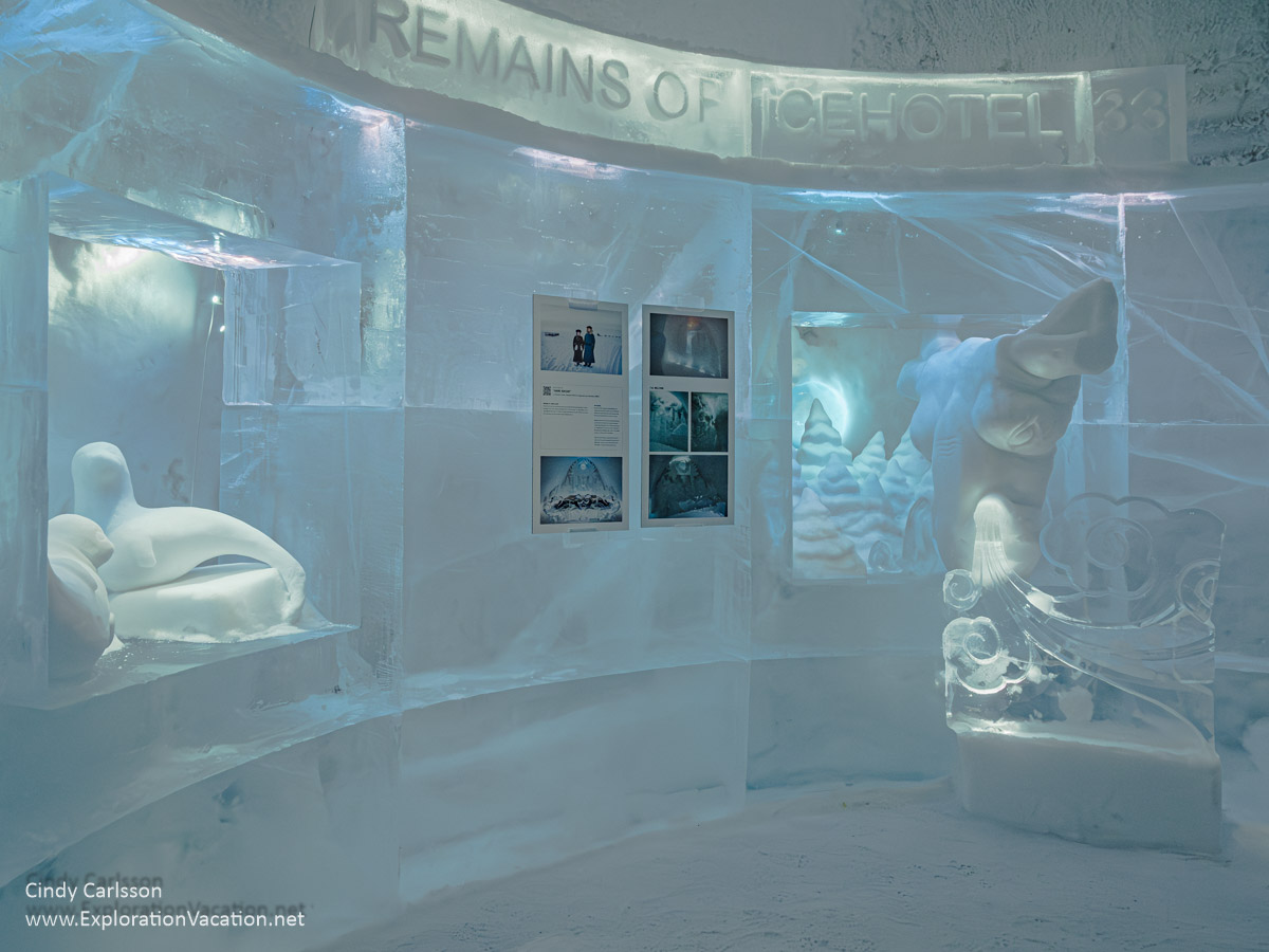 Photo of an ice room with ice display cases featuring photographs and ice and snow sculptures from previous Icehotel rooms inside Icehotel 365 in Jukkasj&auml;rvi, Swedish S&aacute;pmi (Lapland) &copy; Cindy Carlsson ExplorationVacation.net
