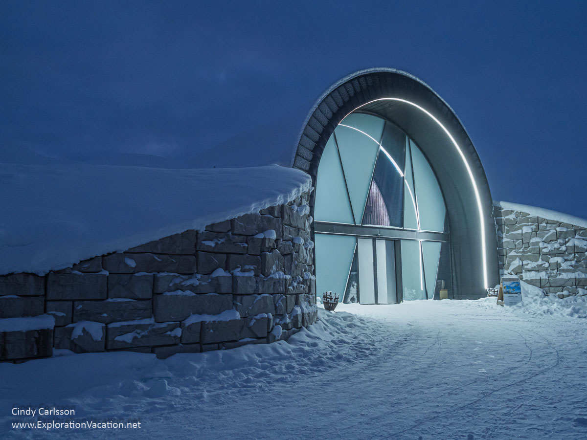 photo of the entrance to Icehotel 365 in at night in Jukkasj&auml;rvi Sweden &copy; Cindy Carlsson ExplorationVacation.net