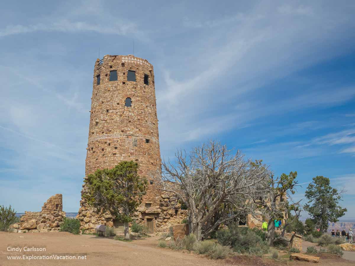 photo of Desert View Watchtower, a stone tower built to looke like an ancient ruin along the Grand Canyon's south rim 