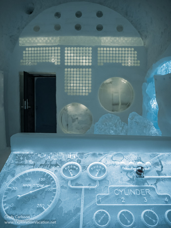 Photo of a control panel sculpted from ice in The Breach suite designed by Annie Locke Scherer and Tobias Kiefe in Icehotel 365 in Jukkasj&auml;rvi, Swedish S&aacute;pmi (Lapland) &copy; Cindy Carlsson ExplorationVacation.net