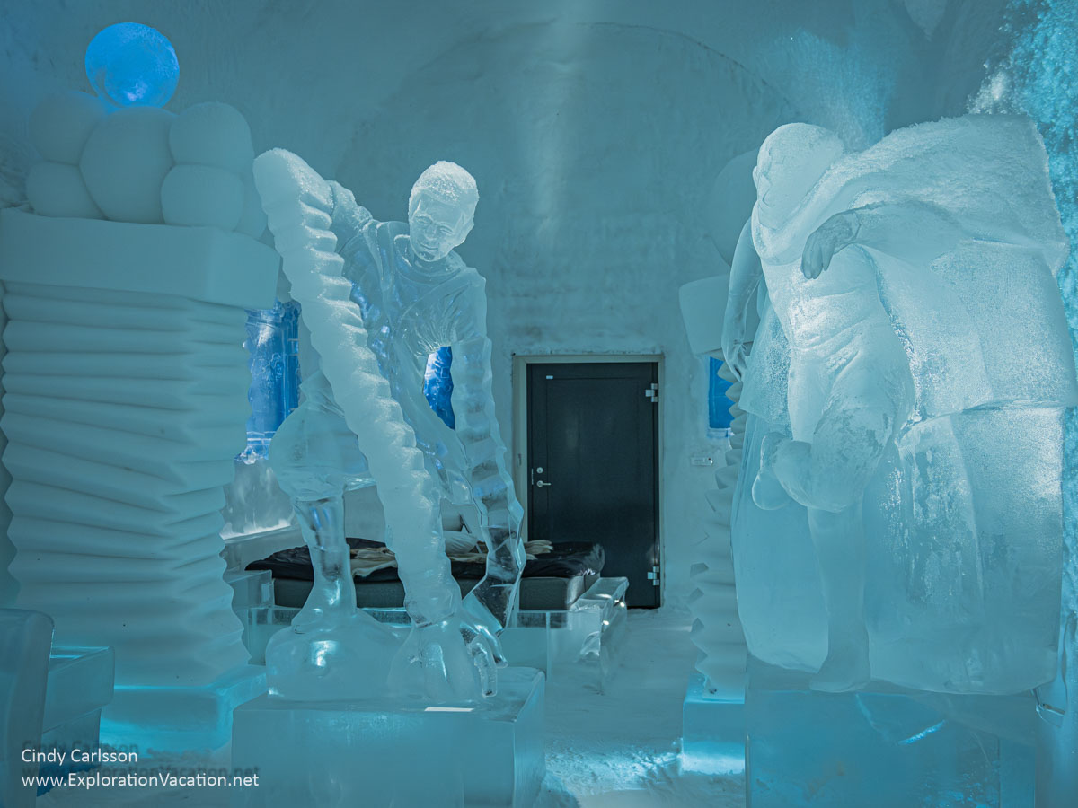 Photo of figures in the Hang Loose suite designed by Edith Van De Wetering and Wilfred Stijger for Icehotel 365 in Jukkasj&auml;rvi, Swedish S&aacute;pmi (Lapland) &copy; Cindy Carlsson ExplorationVacation.net
