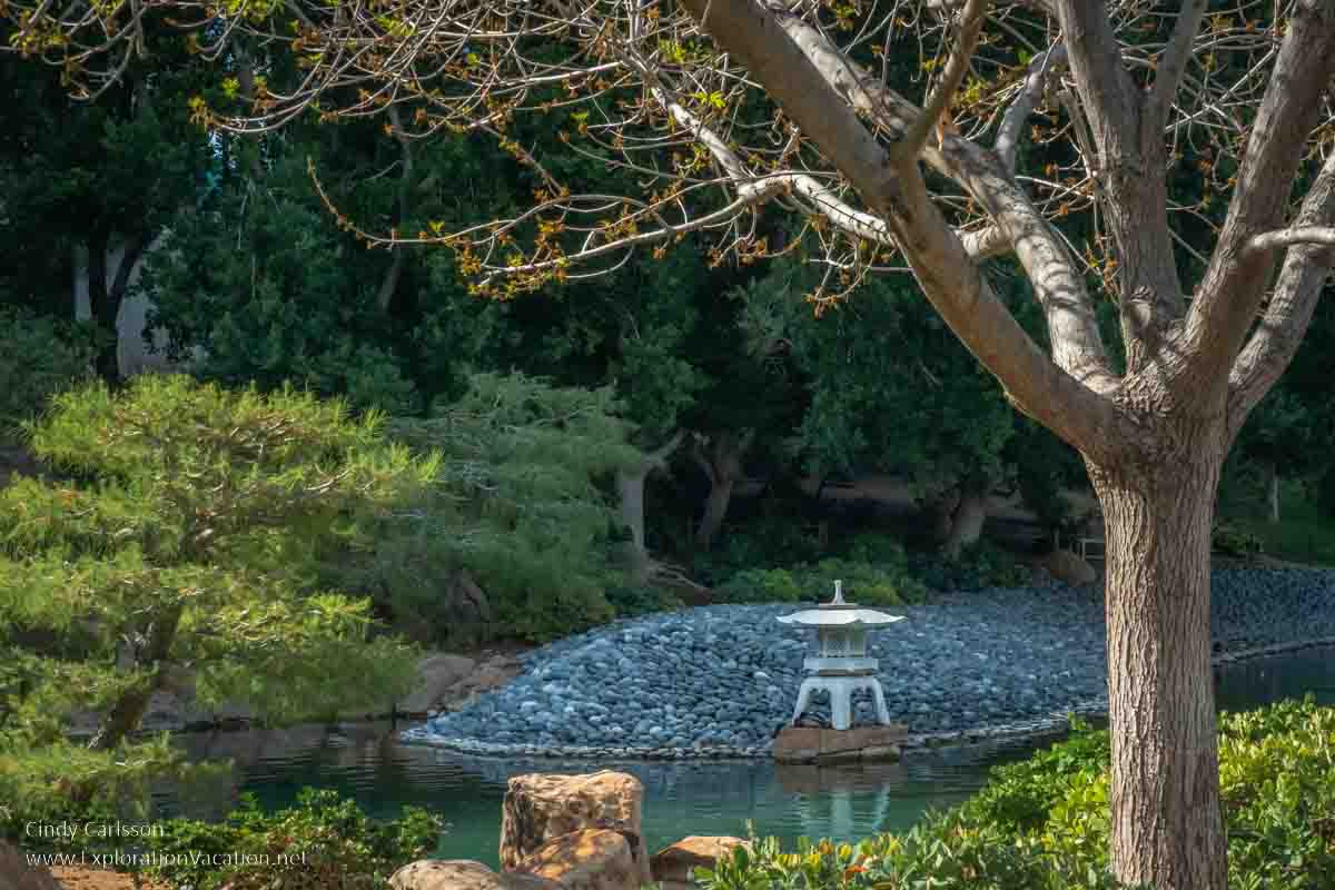 Photo of a lantern of a stone &ldquo;beach&rdquo; at Rohoen Japanese Friendship Garden in Phoenix, Arizona &copy; Cindy Carlsson at ExplorationVacation.net