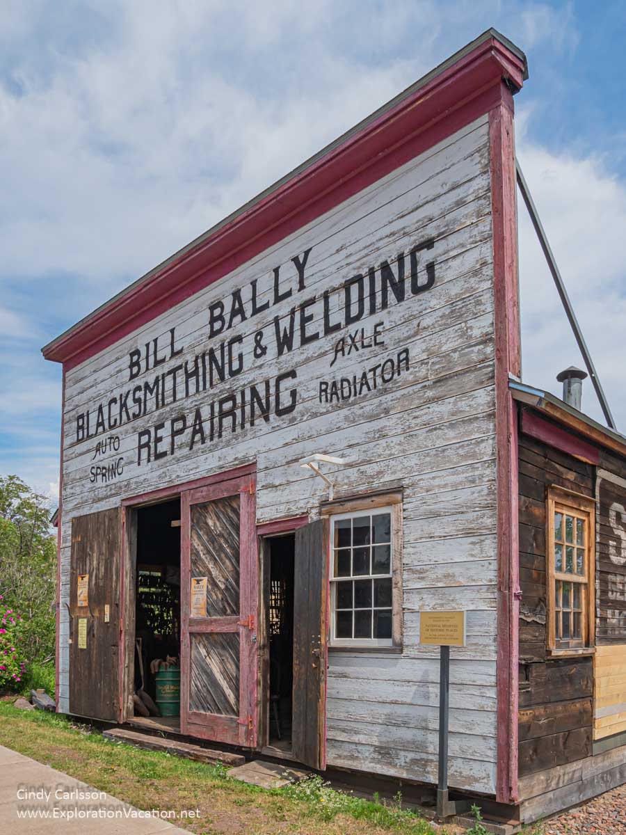 Front of the historic wood building that housed Bill Bally Blacksmithing & Welding shop.
