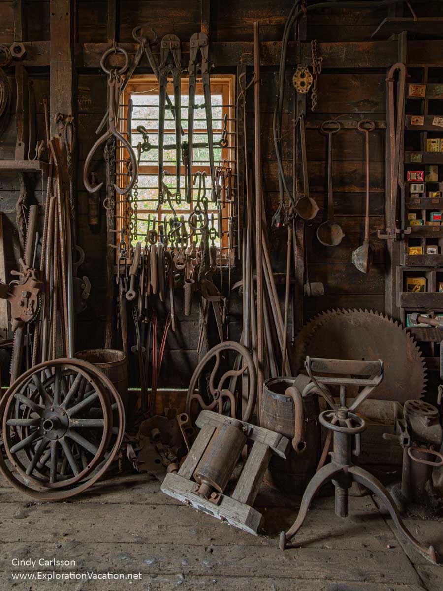 Old equipment and tools inside the Bally Blacksmith Shop.