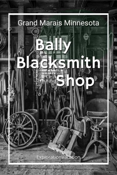 Interior of the blacksmith shop with tools and equipment piled everywhere.