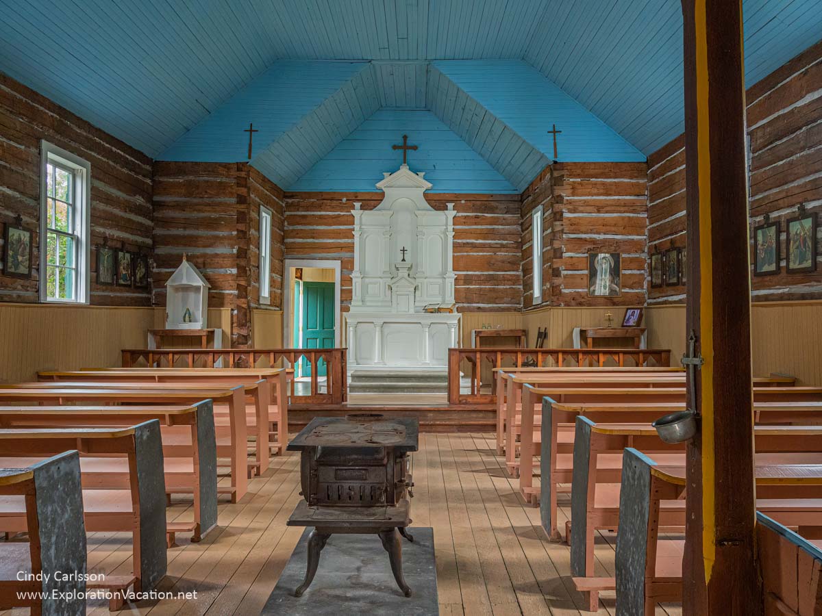 Photo of the interior of the Chippewa City (Saint Francis Xavier) Church at the northern edge of Grand Marais, Minnesota &copy; Cindy Carlsson at ExplorationVacation.net