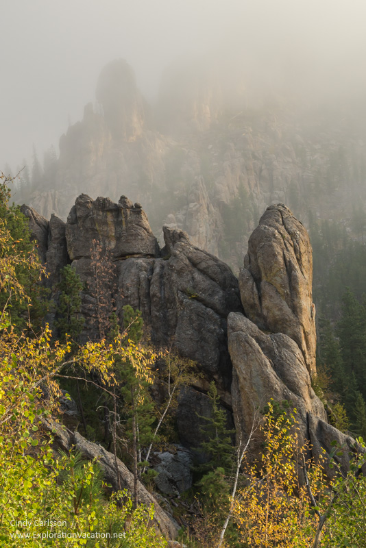 Photo of rocky outcrops in the Black Hills of South Dakota on a foggy morning &copy; Cindy Carlsson at ExplorationVacation.net